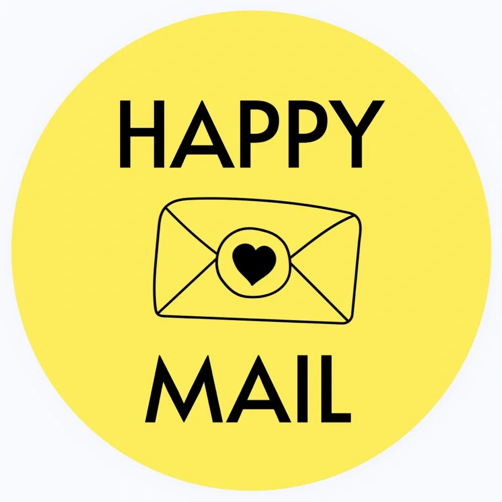50 SHIPPING STICKERS - 2” ROUND - “HAPPY MAIL” - YELLOW